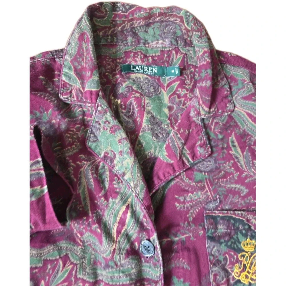 Lauren Ralph Lauren Pajama Set Womens M Maroon Paisley Gold Crest Sleepwear PJ